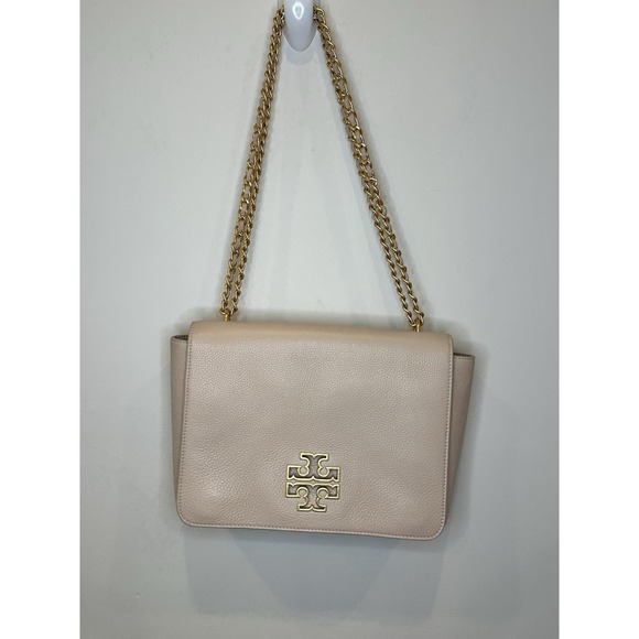 Tory Burch Handbags - Tory Burch Kira Pebbled Leather Shoulder Bag Blush Pink Gold Chain Logo Flap EUC